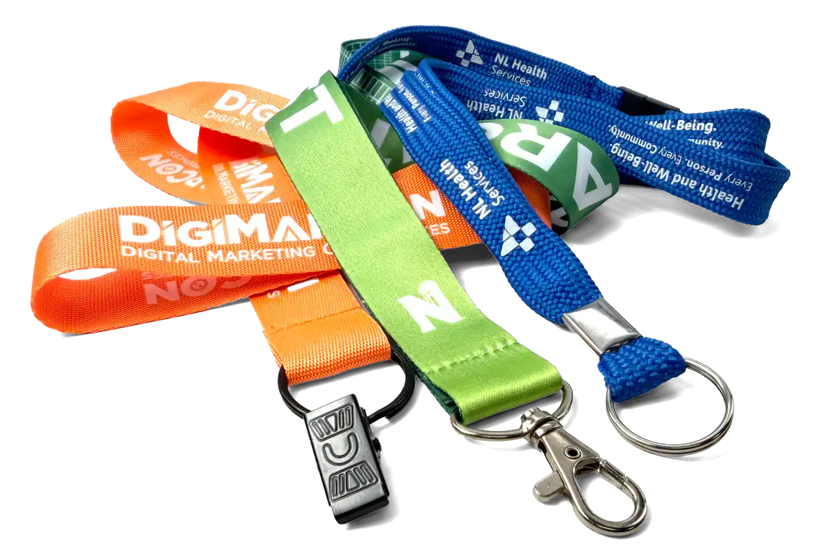 Custom printed lanyards in orange, lime green and royal blue, with bulldog clip, swivel trigger hook and split key ring attachments
